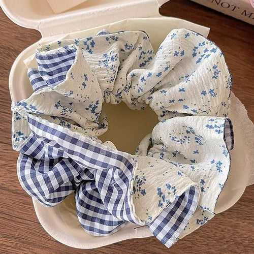 Double-Sided Cottagecore Scrunchie - Vintage Floral & Plaid Cotton Hair Tie