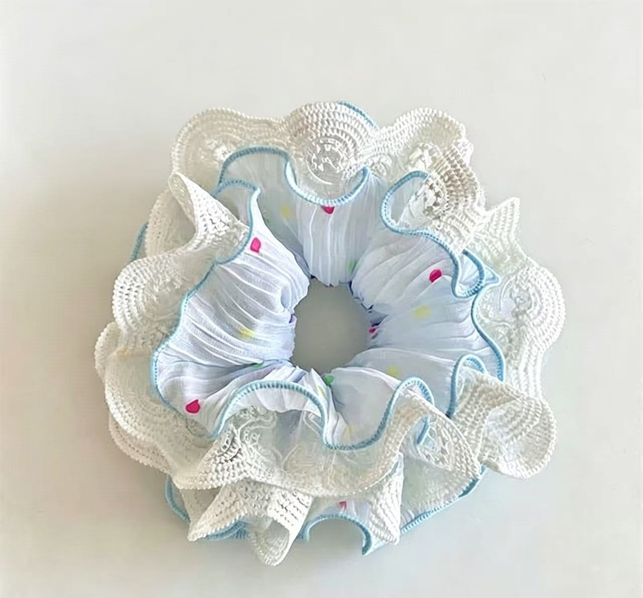 Pastel Lace-Edged Scrunchie - Romantic Pleated Chiffon Hair Accessory with Colorful Dots