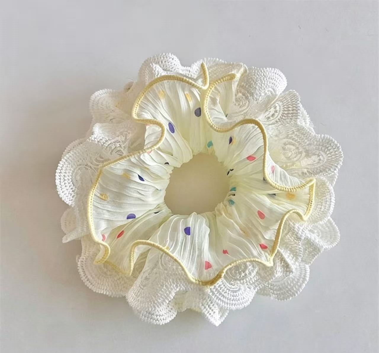 Pastel Lace-Edged Scrunchie - Romantic Pleated Chiffon Hair Accessory with Colorful Dots