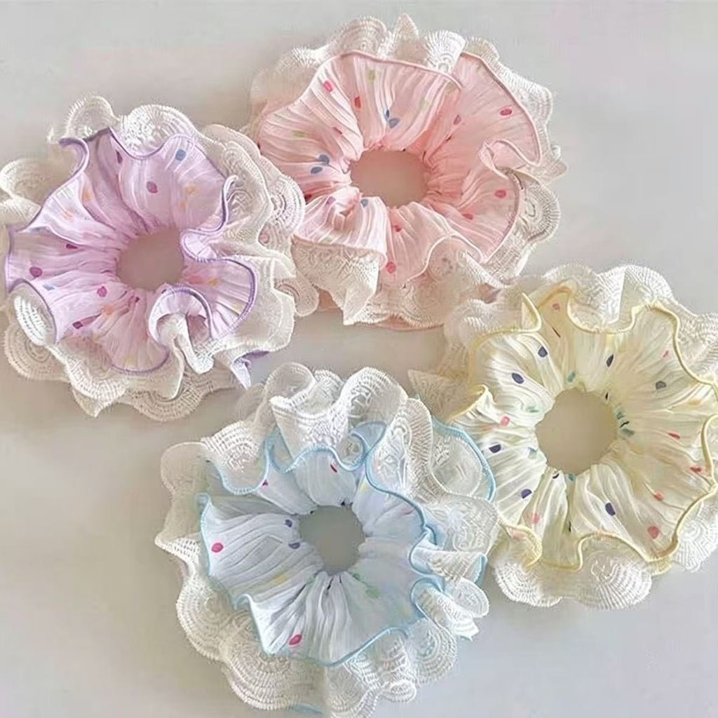 Pastel Lace-Edged Scrunchie - Romantic Pleated Chiffon Hair Accessory with Colorful Dots