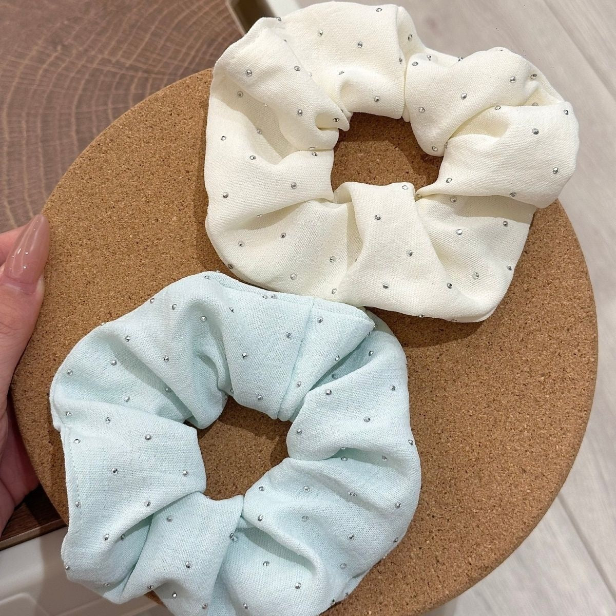 Rhinestone Studded Cotton Scrunchie - Aesthetic Sparkling Hair Tie for Clean Girl Look
