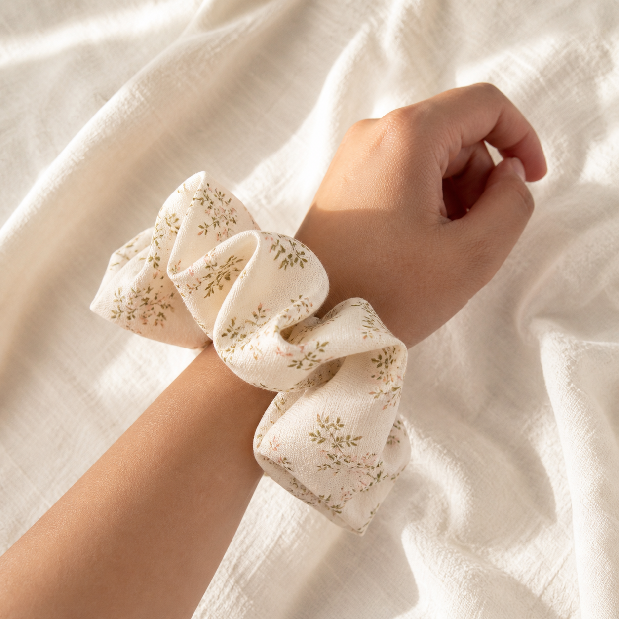 Oversized Ditsy Floral Hair Tie - Soft Cream Linen-Feel Scrunchie for Voluminous Ponytail