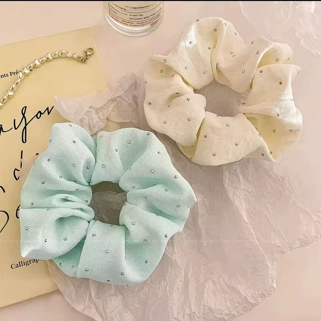 Rhinestone Studded Cotton Scrunchie - Aesthetic Sparkling Hair Tie for Clean Girl Look