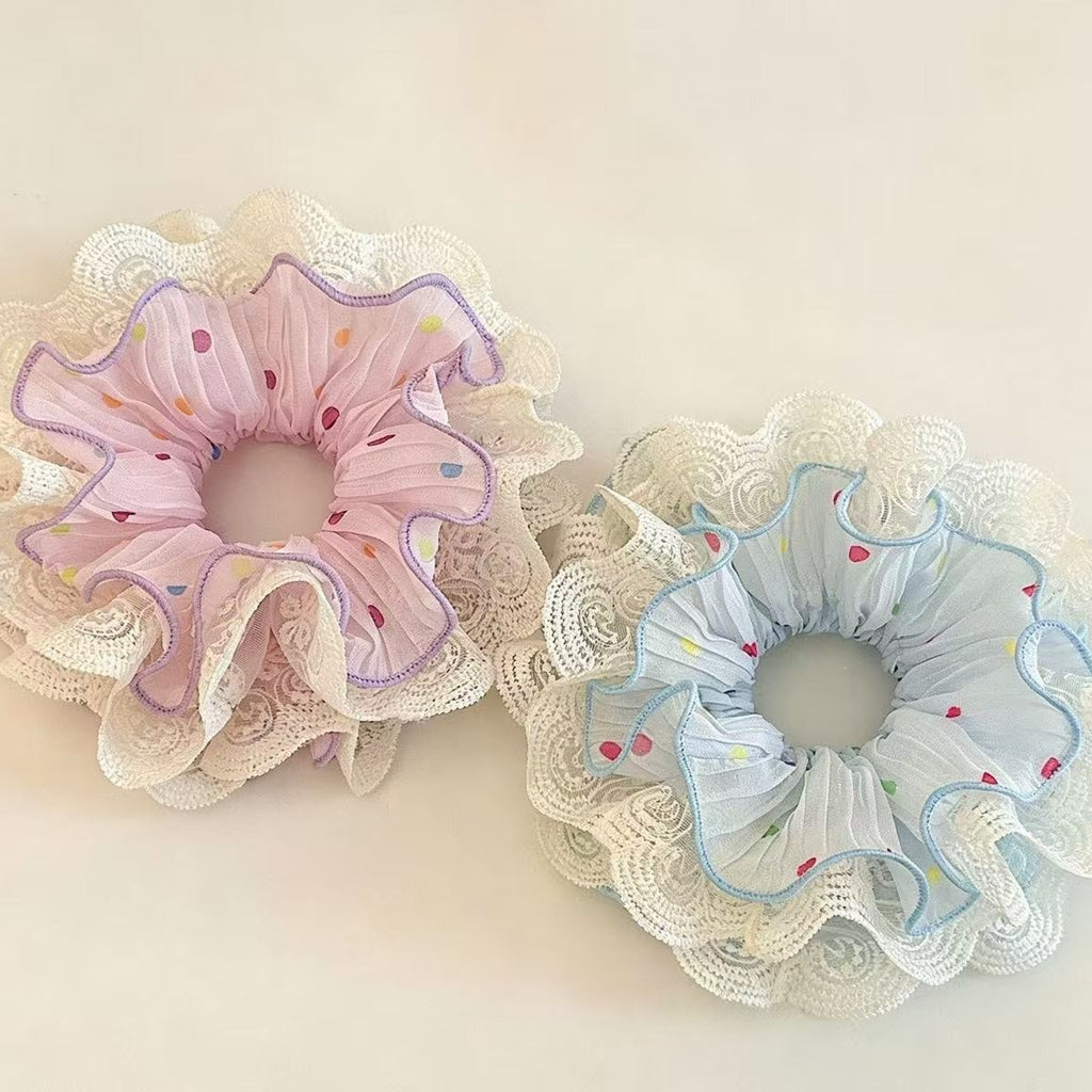 Pastel Lace-Edged Scrunchie - Romantic Pleated Chiffon Hair Accessory with Colorful Dots