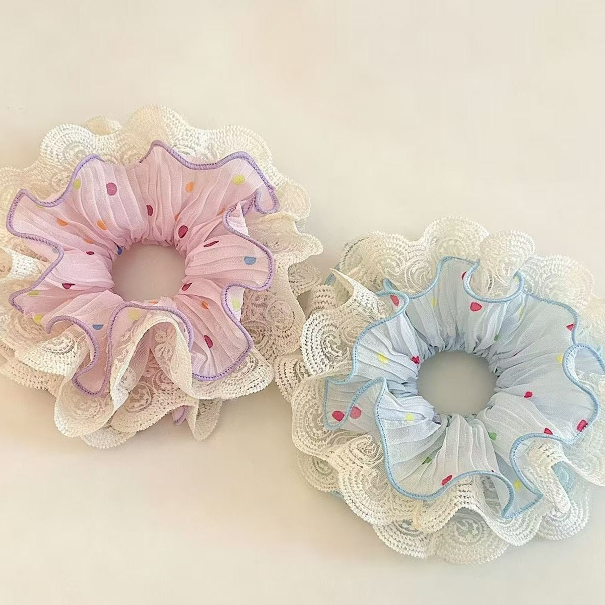 Pastel Lace-Edged Scrunchie - Romantic Pleated Chiffon Hair Accessory with Colorful Dots