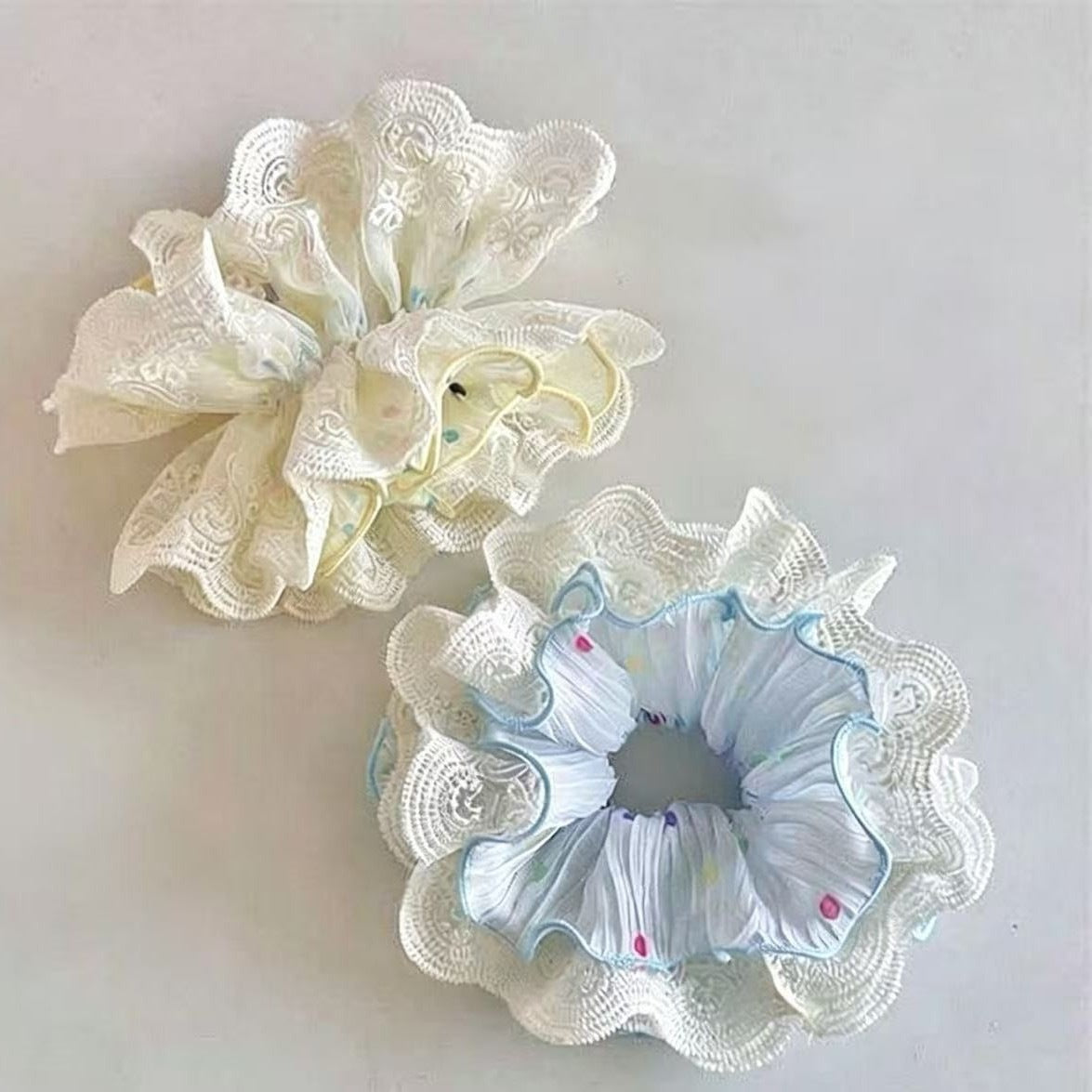 Pastel Lace-Edged Scrunchie - Romantic Pleated Chiffon Hair Accessory with Colorful Dots