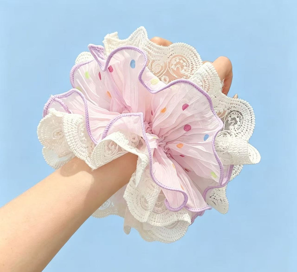 Pastel Lace-Edged Scrunchie - Romantic Pleated Chiffon Hair Accessory with Colorful Dots