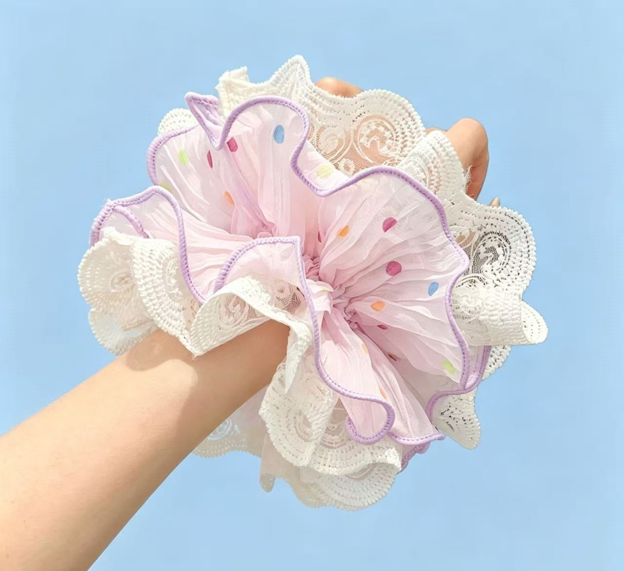 Pastel Lace-Edged Scrunchie - Romantic Pleated Chiffon Hair Accessory with Colorful Dots