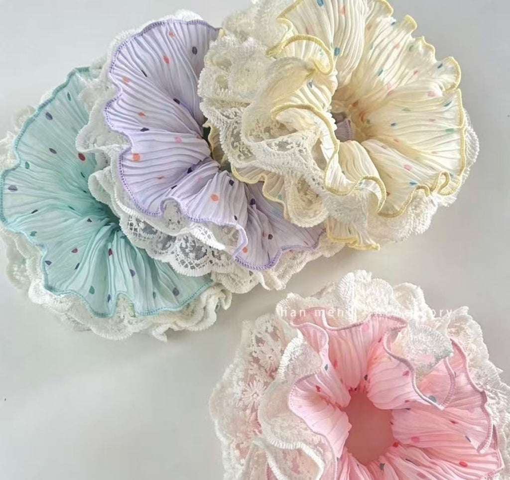 Pastel Lace-Edged Scrunchie - Romantic Pleated Chiffon Hair Accessory with Colorful Dots