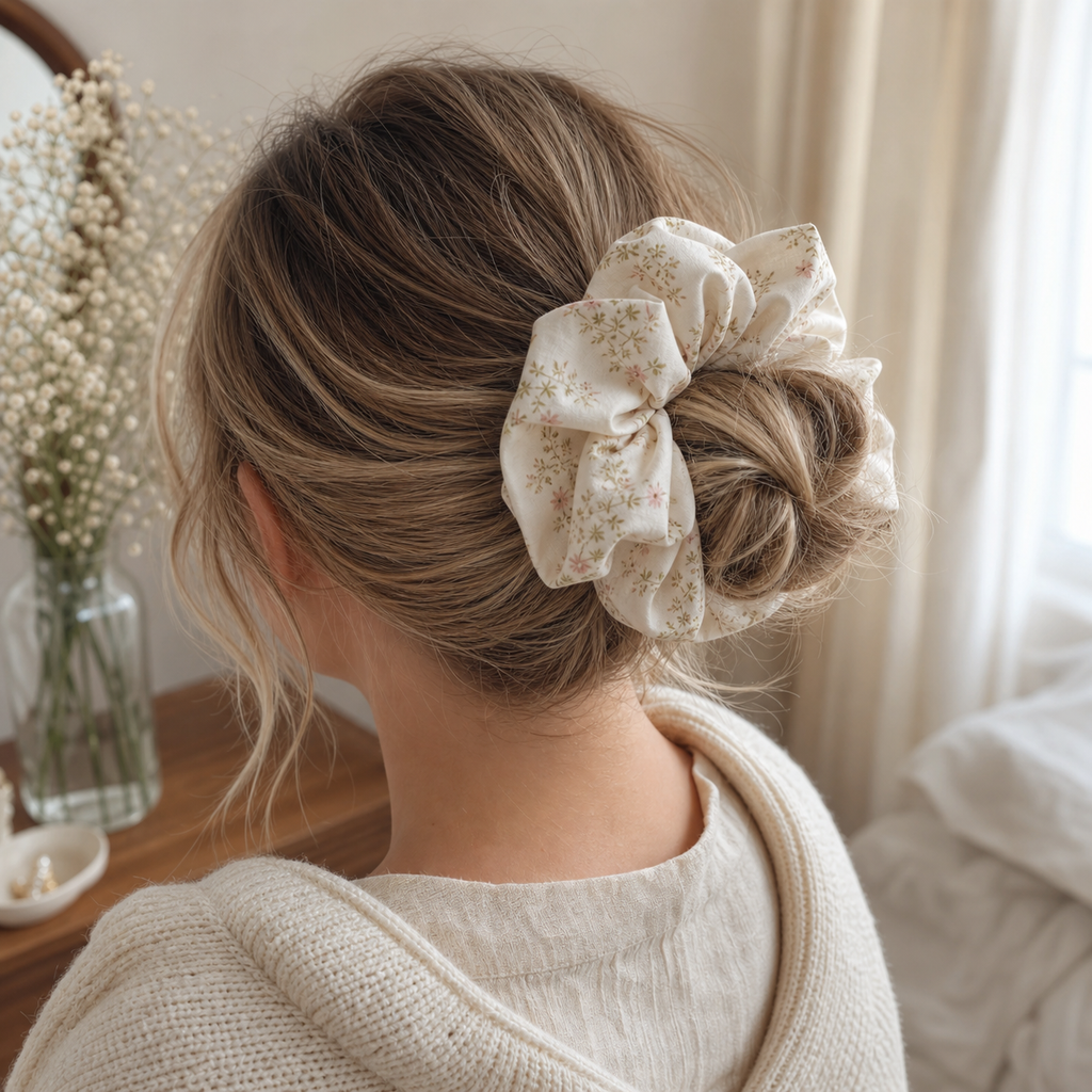 Oversized Ditsy Floral Hair Tie - Soft Cream Linen-Feel Scrunchie for Voluminous Ponytail