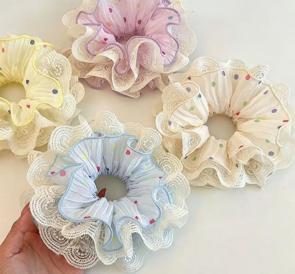 Pastel Lace-Edged Scrunchie - Romantic Pleated Chiffon Hair Accessory with Colorful Dots