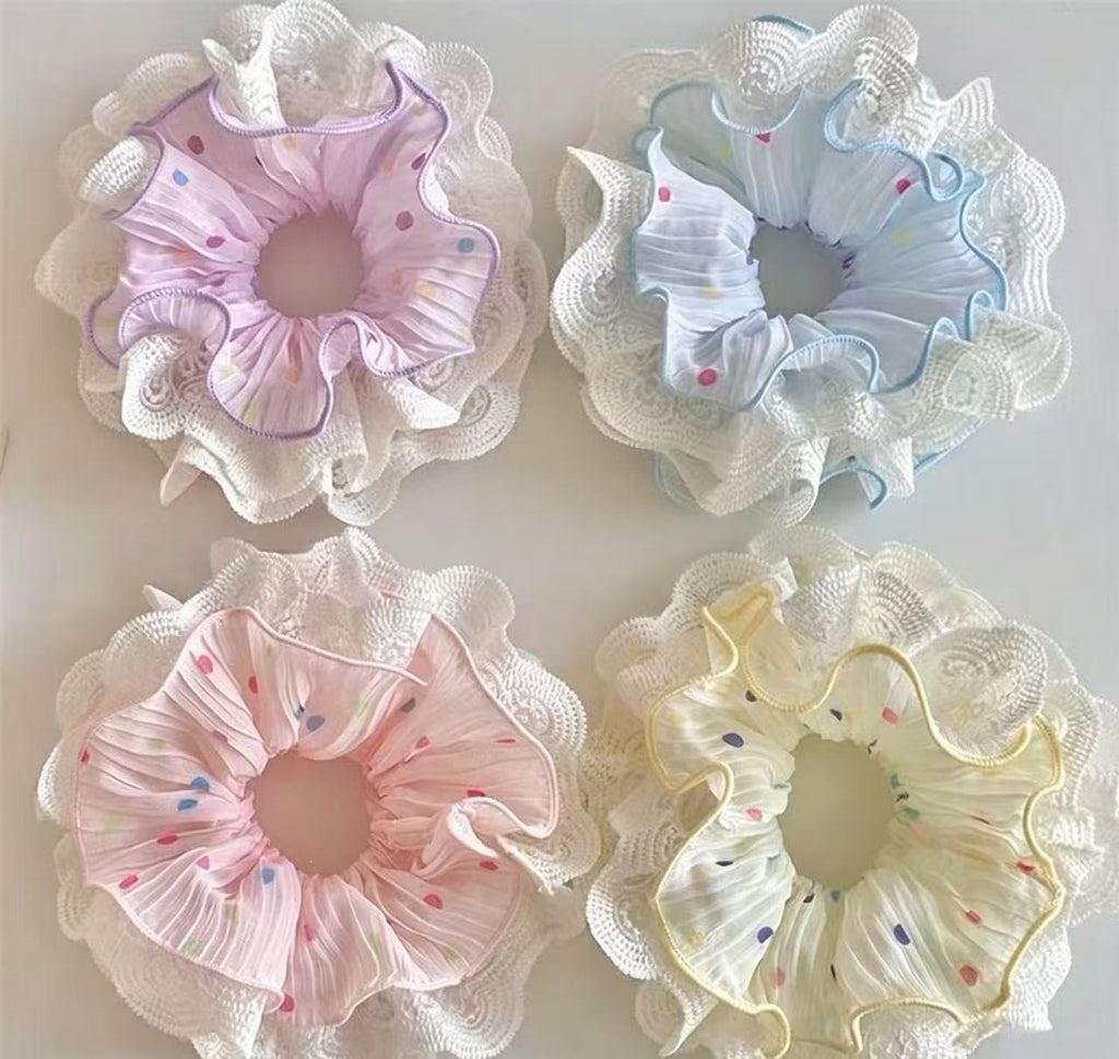 Pastel Lace-Edged Scrunchie - Romantic Pleated Chiffon Hair Accessory with Colorful Dots