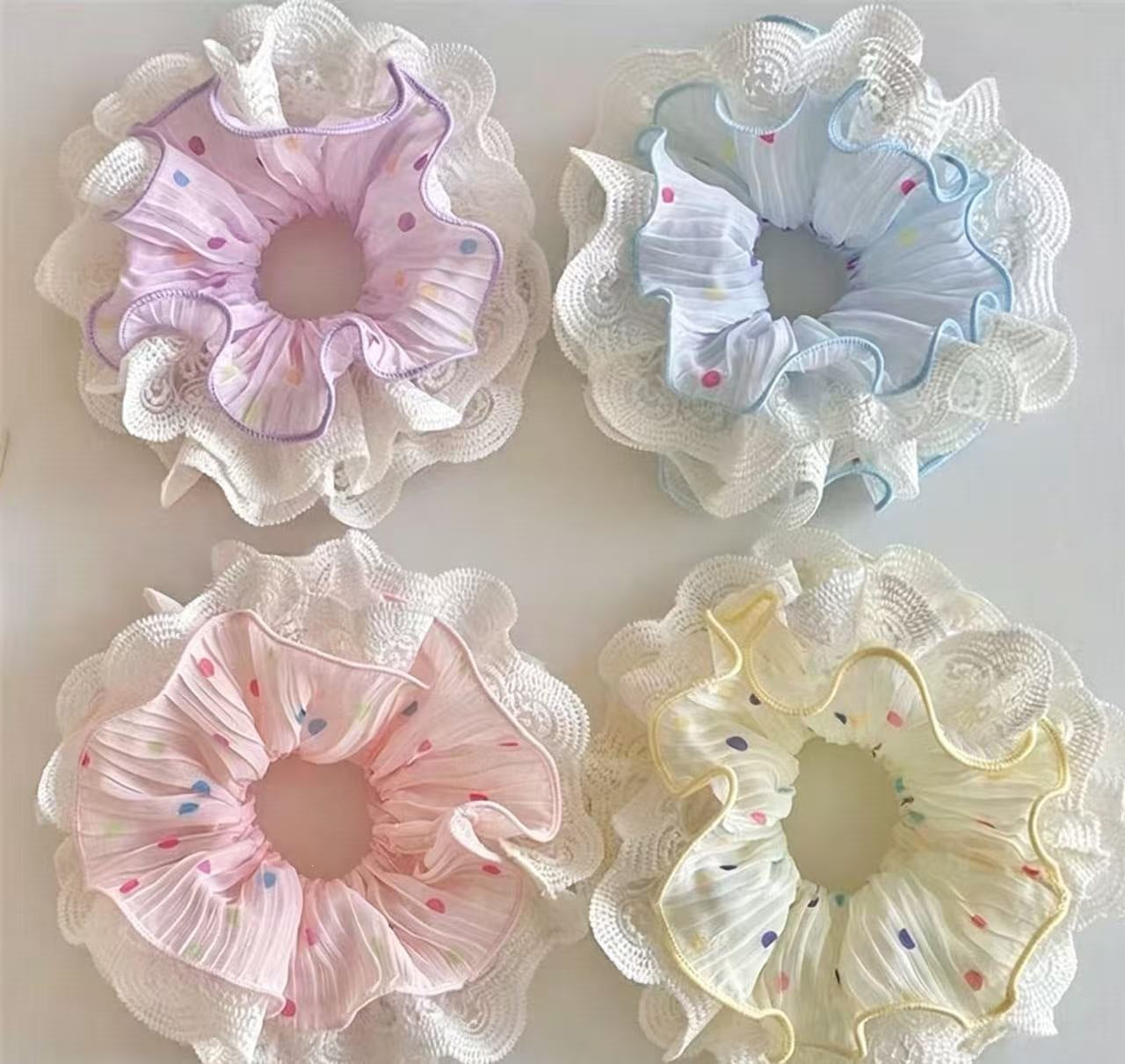 Pastel Lace-Edged Scrunchie - Romantic Pleated Chiffon Hair Accessory with Colorful Dots