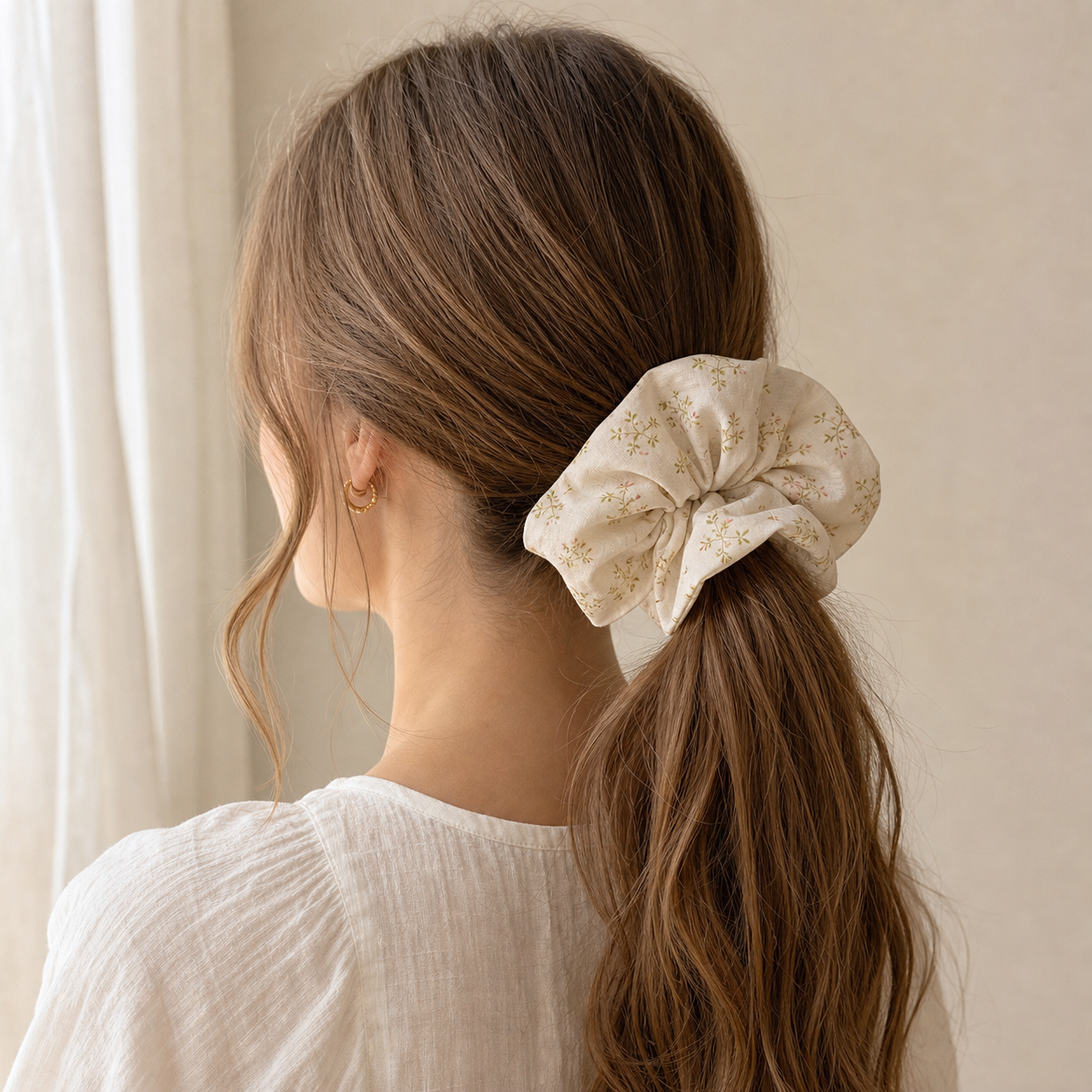 Oversized Ditsy Floral Hair Tie - Soft Cream Linen-Feel Scrunchie for Voluminous Ponytail
