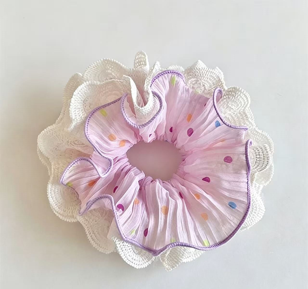 Pastel Lace-Edged Scrunchie - Romantic Pleated Chiffon Hair Accessory with Colorful Dots
