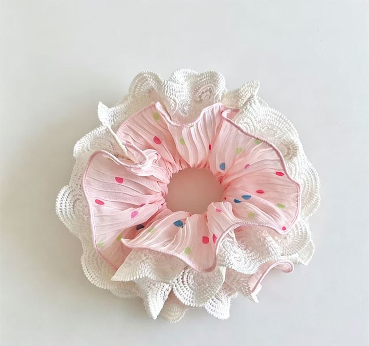 Pastel Lace-Edged Scrunchie - Romantic Pleated Chiffon Hair Accessory with Colorful Dots