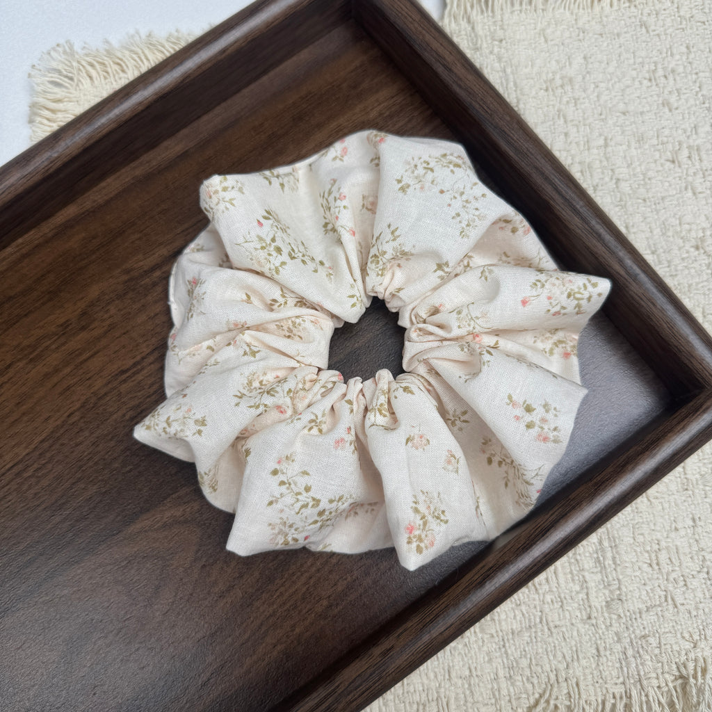 Oversized Ditsy Floral Hair Tie - Soft Cream Linen-Feel Scrunchie for Voluminous Ponytail