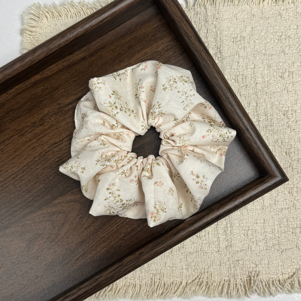 Oversized Ditsy Floral Hair Tie - Soft Cream Linen-Feel Scrunchie for Voluminous Ponytail