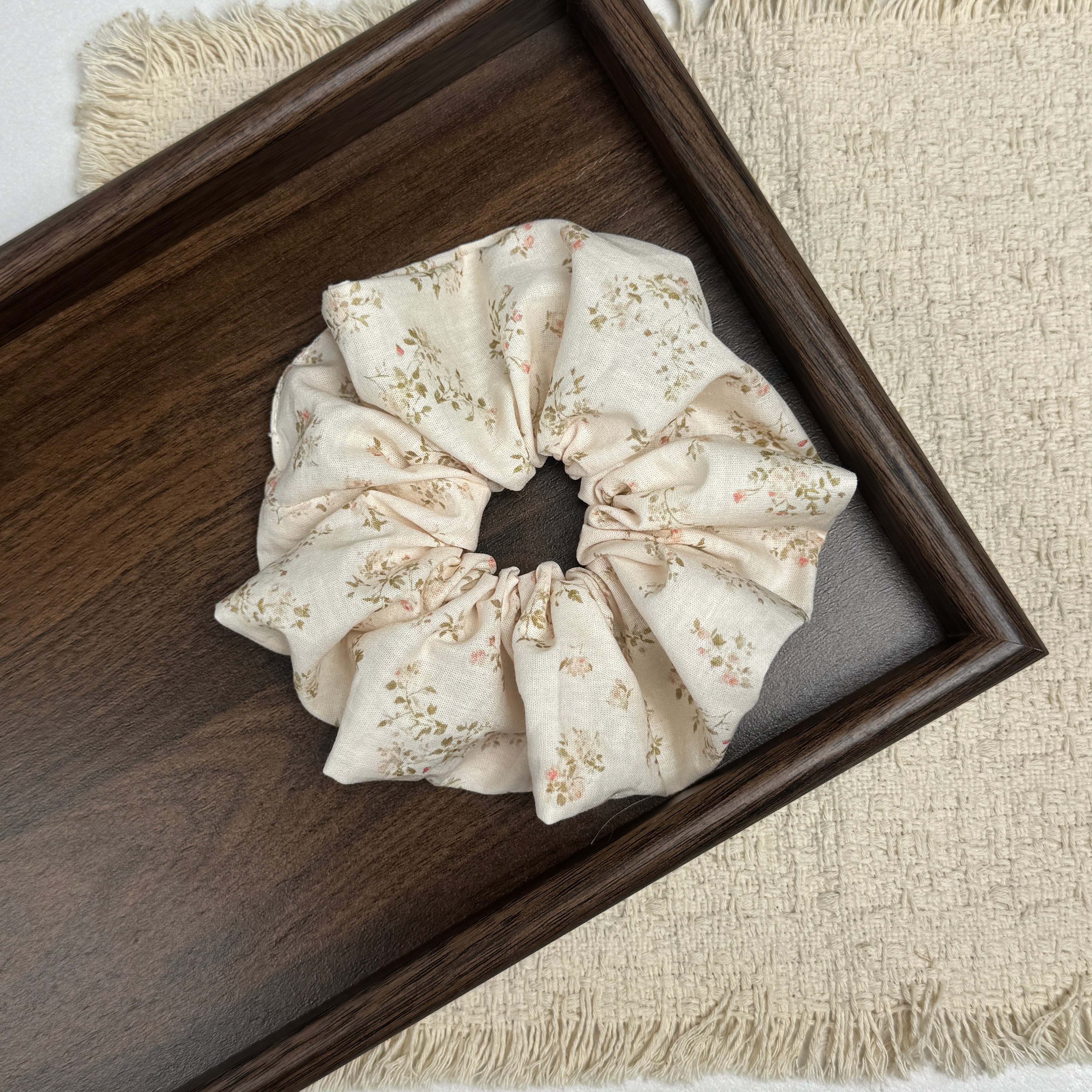 Oversized Ditsy Floral Hair Tie - Soft Cream Linen-Feel Scrunchie for Voluminous Ponytail