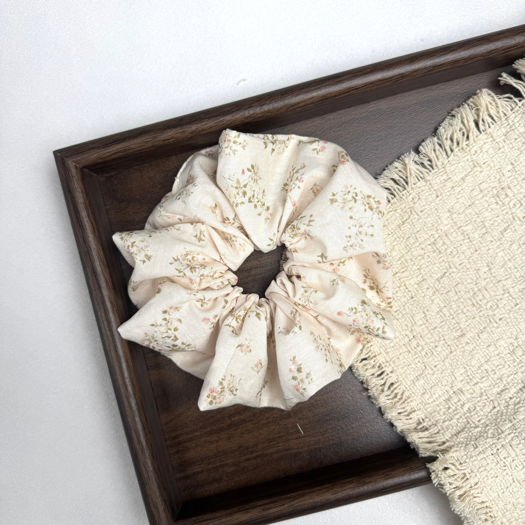 Oversized Ditsy Floral Hair Tie - Soft Cream Linen-Feel Scrunchie for Voluminous Ponytail