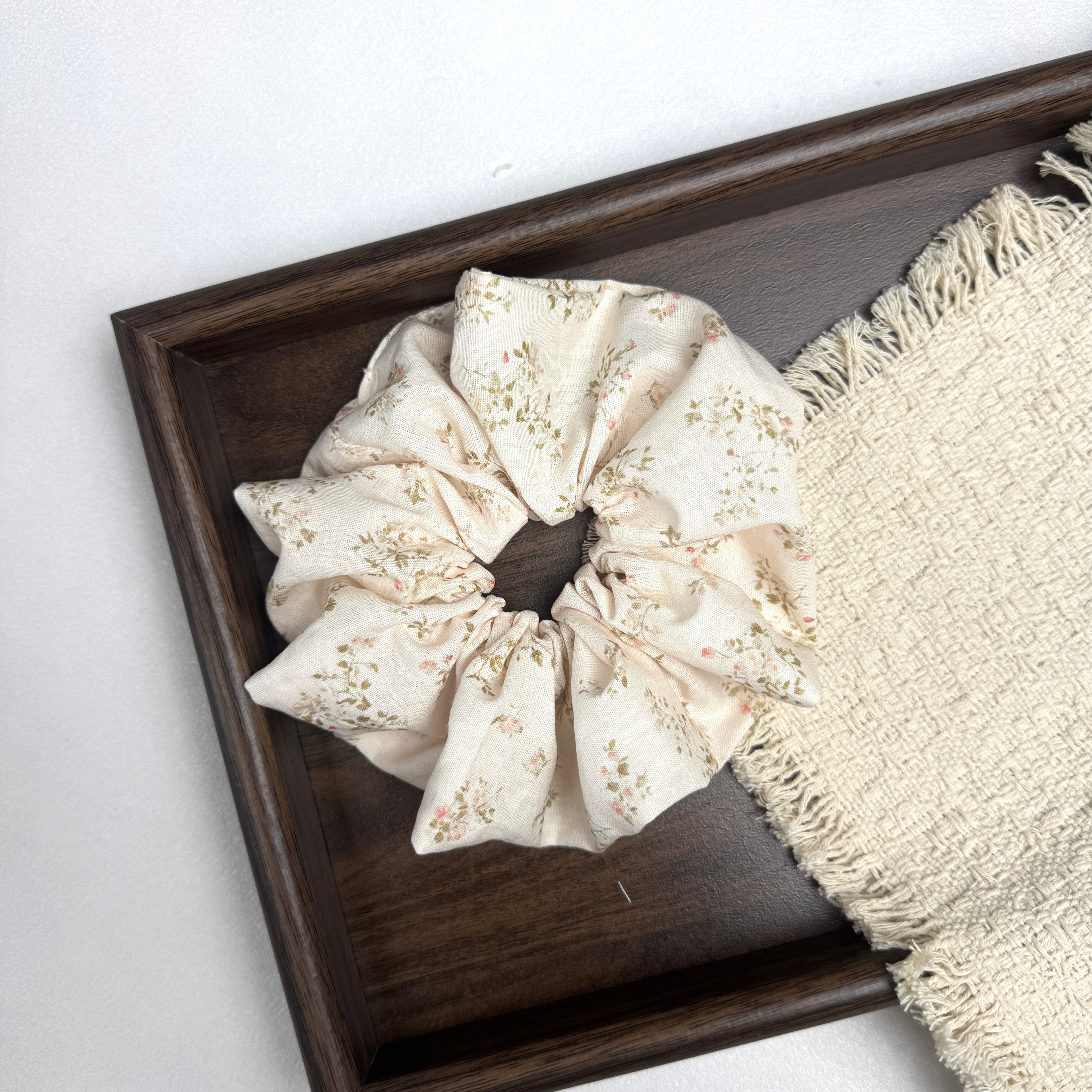 Oversized Ditsy Floral Hair Tie - Soft Cream Linen-Feel Scrunchie for Voluminous Ponytail