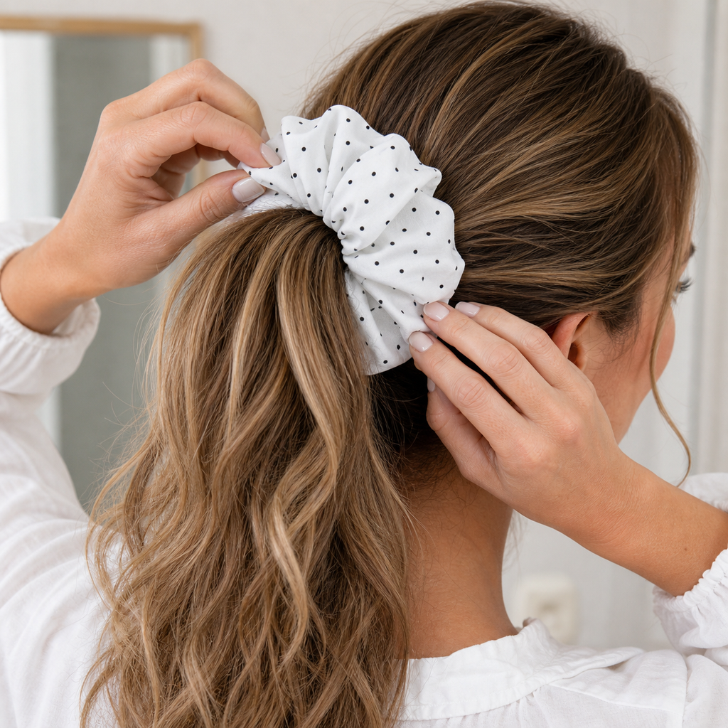 Hands adjusting a white black polka dot scrunchie over wavy blonde-highlighted hair into a ponytail, rear side view, white long-sleeve top, indoor setting with mirror frame in blurred background.