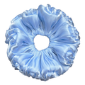 Single blue organza cloud scrunchie isolated on white background. Ultra-voluminous ruffled design with petal-like edges and subtle ribbed organza sheen.