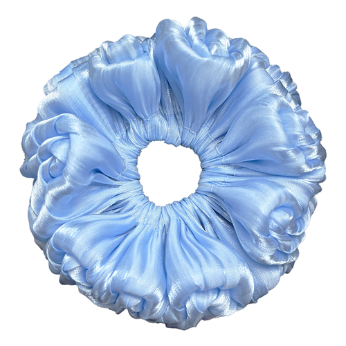 Single blue organza cloud scrunchie isolated on white background. Ultra-voluminous ruffled design with petal-like edges and subtle ribbed organza sheen.