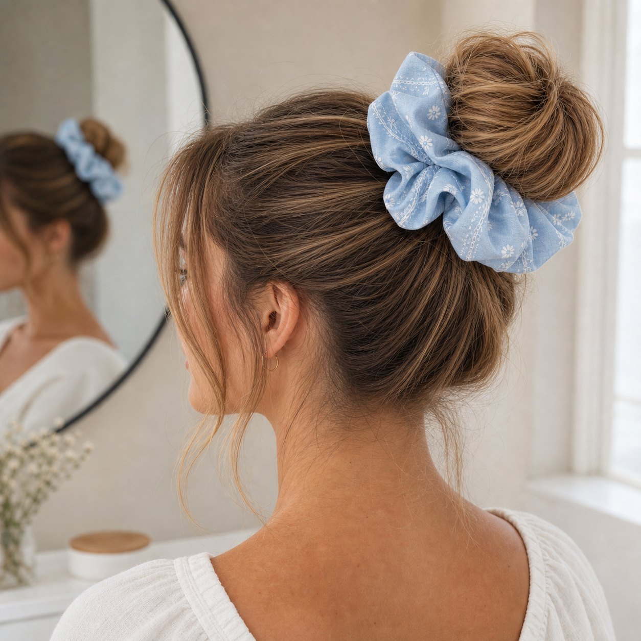 High bun updo styled with a blue floral embroidered scrunchie, premium cotton hair accessory for hair care.