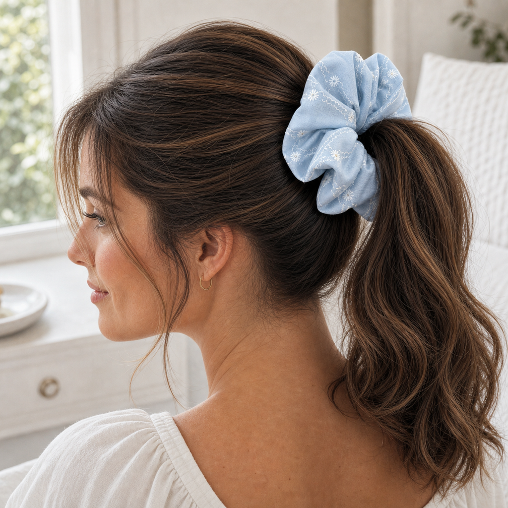 Model wearing blue floral embroidered scrunchie in a high ponytail, gentle hair tie with no crease protection.