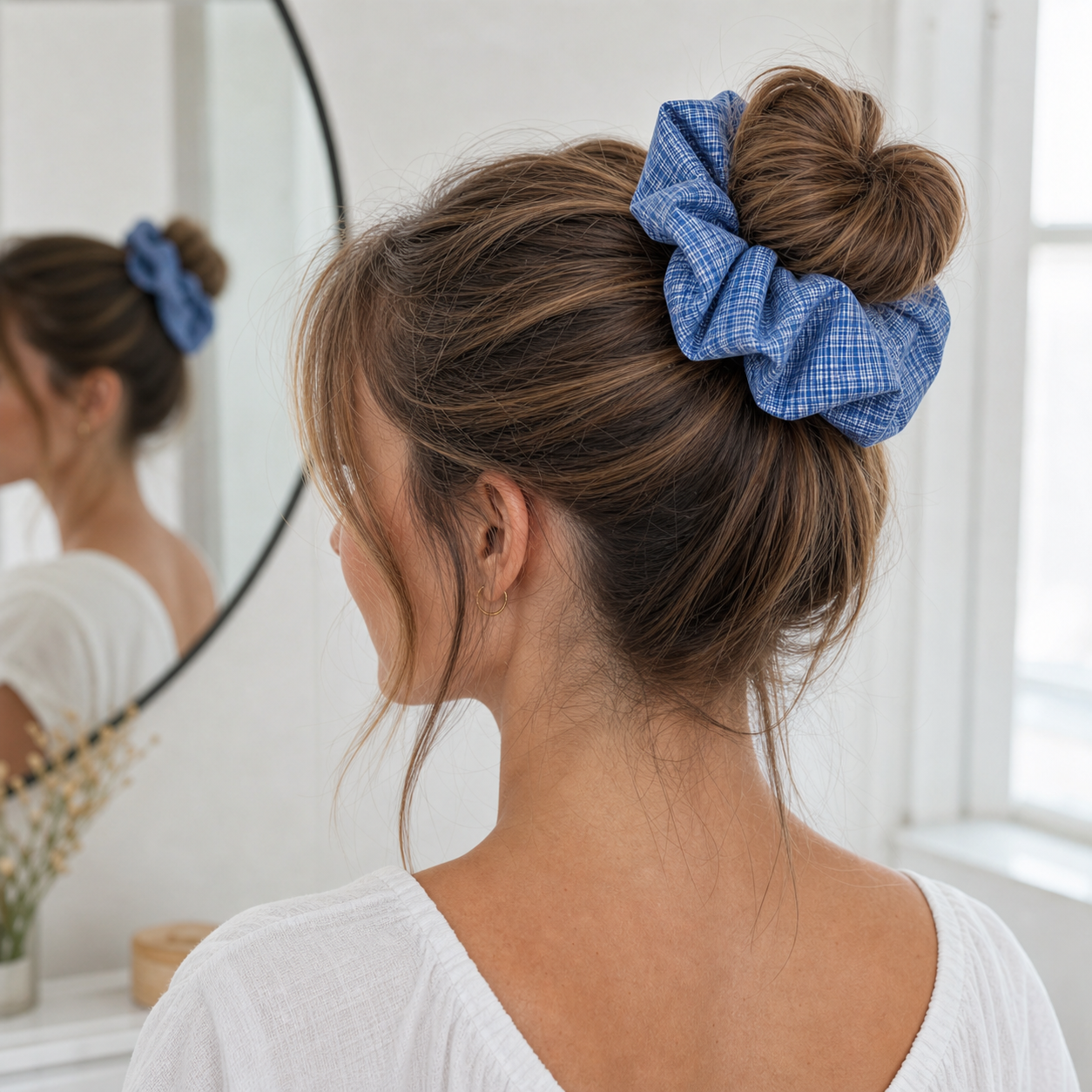 High bun hairstyle with a blue gingham linen scrunchie, secure hold and stylish checkered hair accessory.