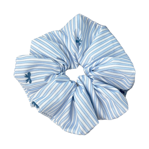 Front view of a blue striped bow scrunchie on white background, classic nautical stripes and bow detail.