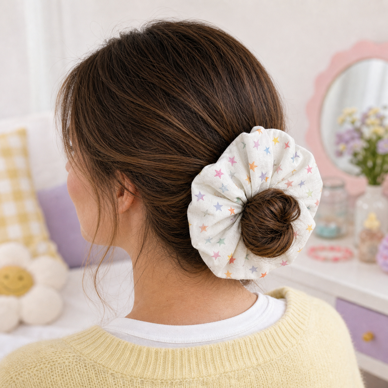 White pastel star print scrunchie styled in a low bun, rear view, yellow knit sweater. Soft-focus bedroom background with pastel pillows, vanity mirror, small flowers, and decor.