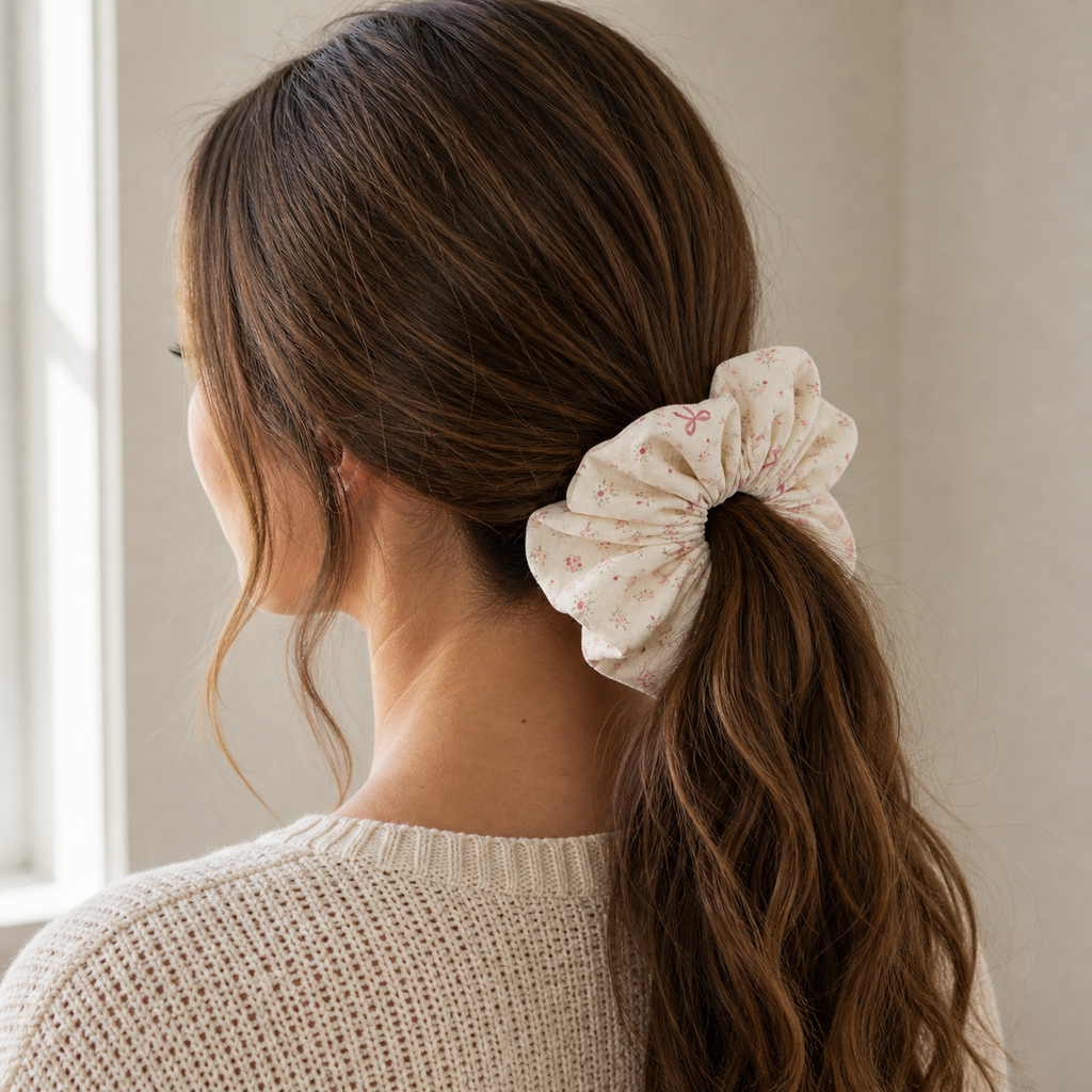 Model with brown hair wearing a pink floral bow scrunchie in a low ponytail, sweet coquette hair accessory.