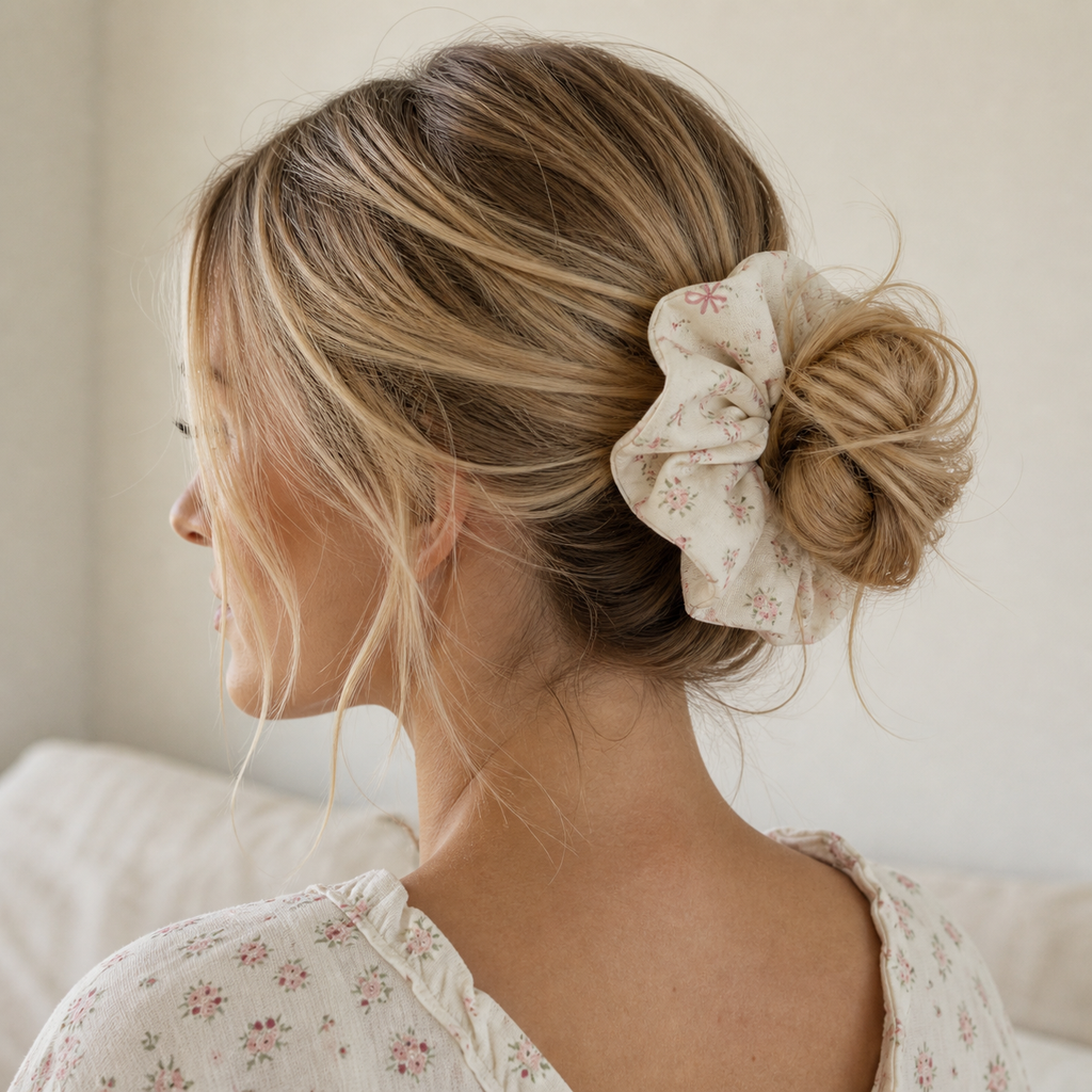 Blonde hair model with pink floral bow scrunchie in a messy bun, gentle linen hair tie for hair care.
