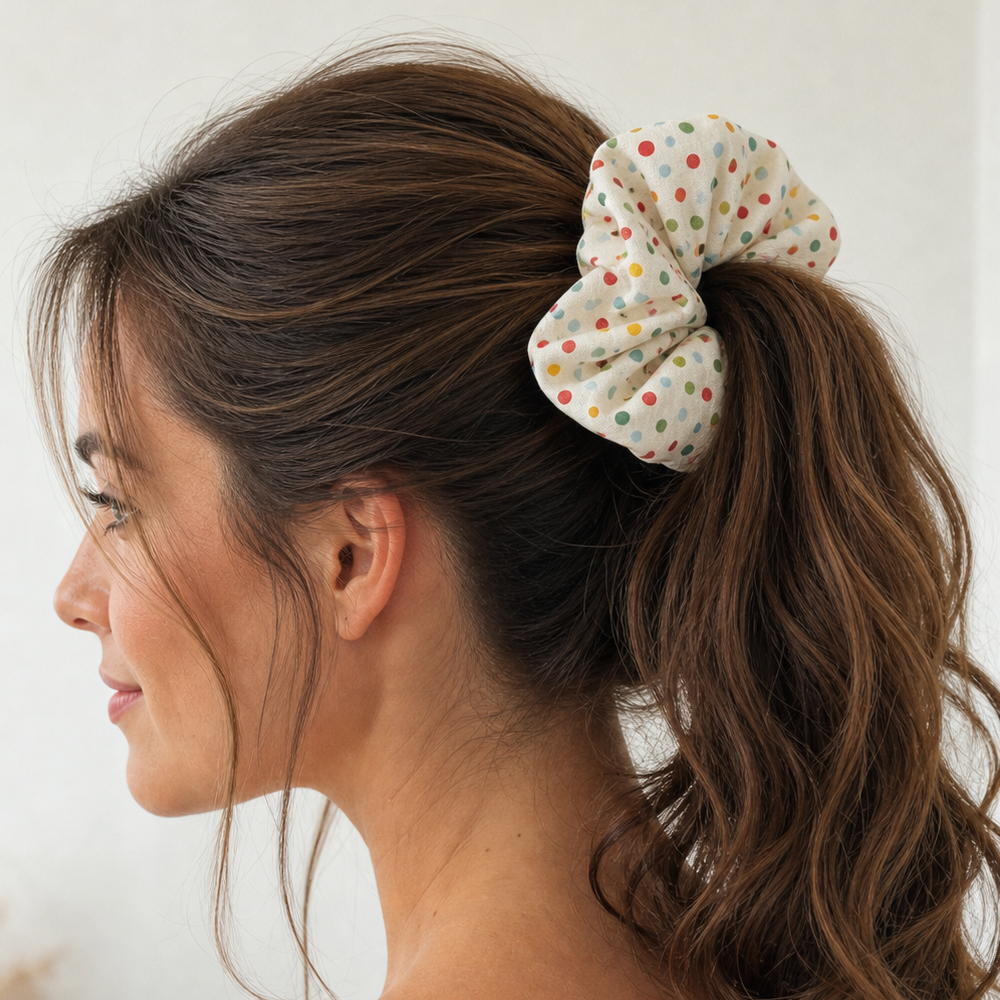 High ponytail style with a colorful polka dot linen scrunchie for a secure hold.