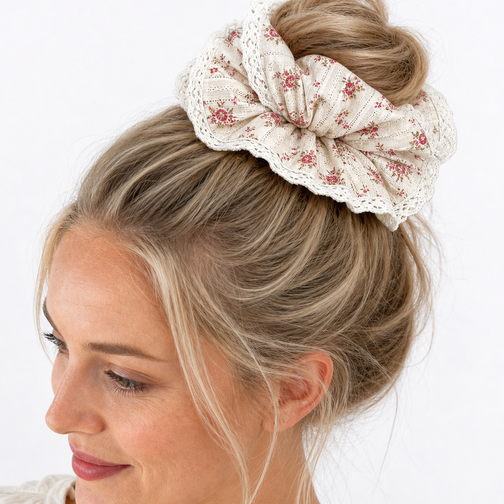 Blonde woman wearing a red floral lace scrunchie in a high messy bun, side profile against a clean white background.
