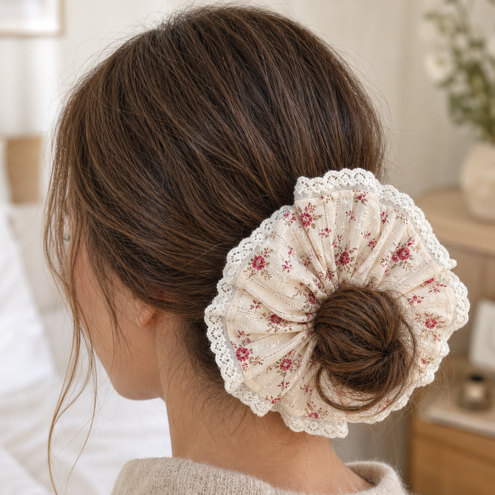 Red floral lace scrunchie styled in a low bun, rear view. Soft-focus indoor background with white flowers in vase and wooden furniture.