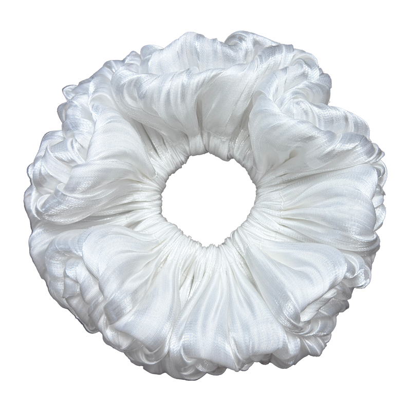 Single white organza cloud scrunchie isolated on white background. Ultra-voluminous ruffled design with petal-like edges and subtle ribbed organza texture.