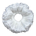 Single white organza cloud scrunchie isolated on white background. Ultra-voluminous ruffled design with petal-like edges and subtle ribbed organza texture.