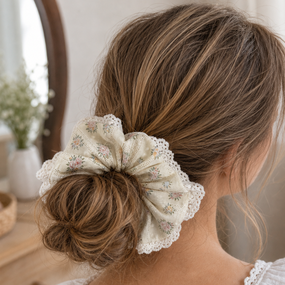 Back view of a model wearing a yellow floral lace scrunchie in a low bun, vintage cottagecore hair care.