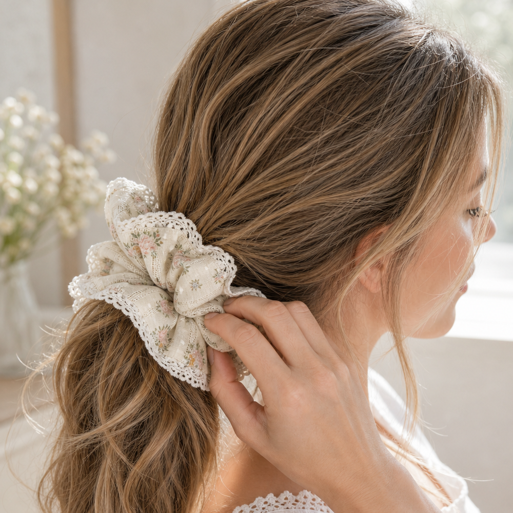 Side profile of a model styling a low ponytail with a yellow floral lace scrunchie, gentle linen hair tie.