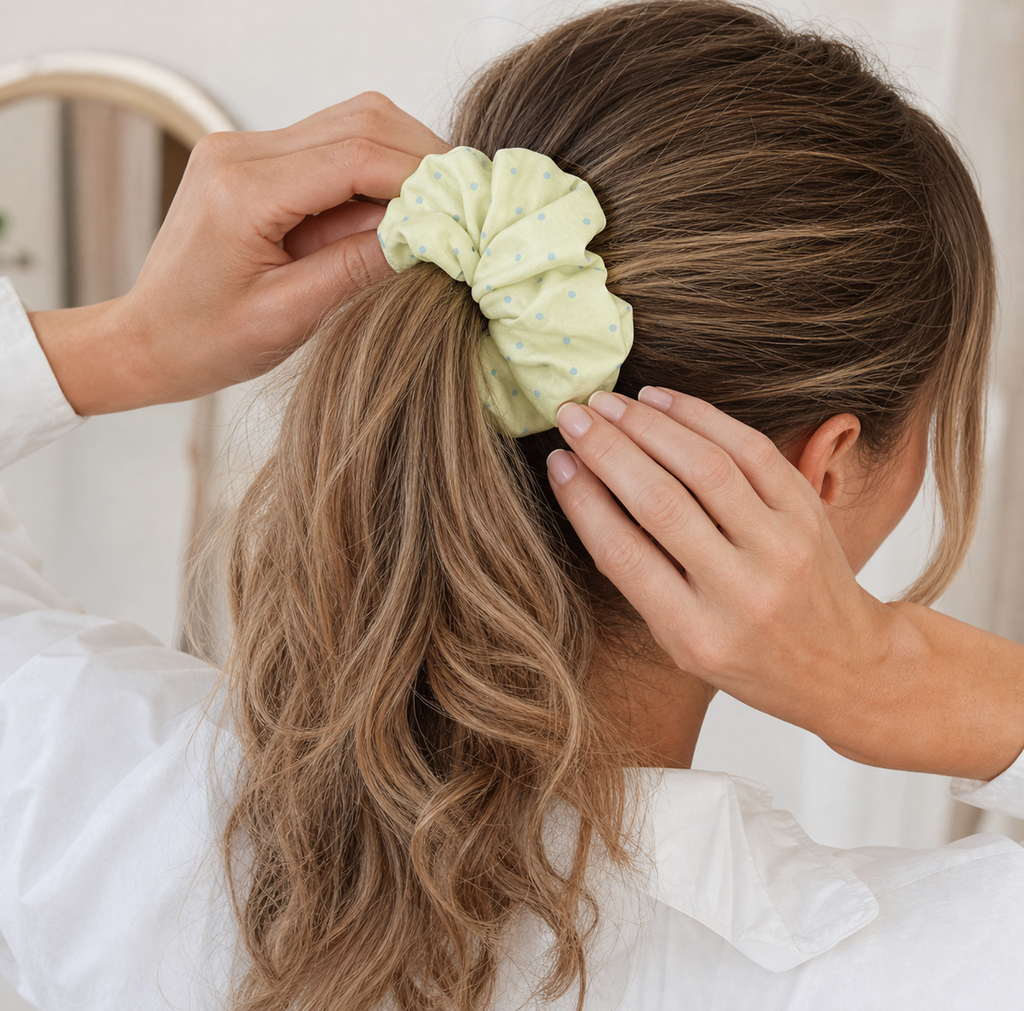 Hands pulling a pastel yellow polka dot scrunchie over blonde wavy hair into a ponytail, rear view. Mirror in blurred indoor background.
